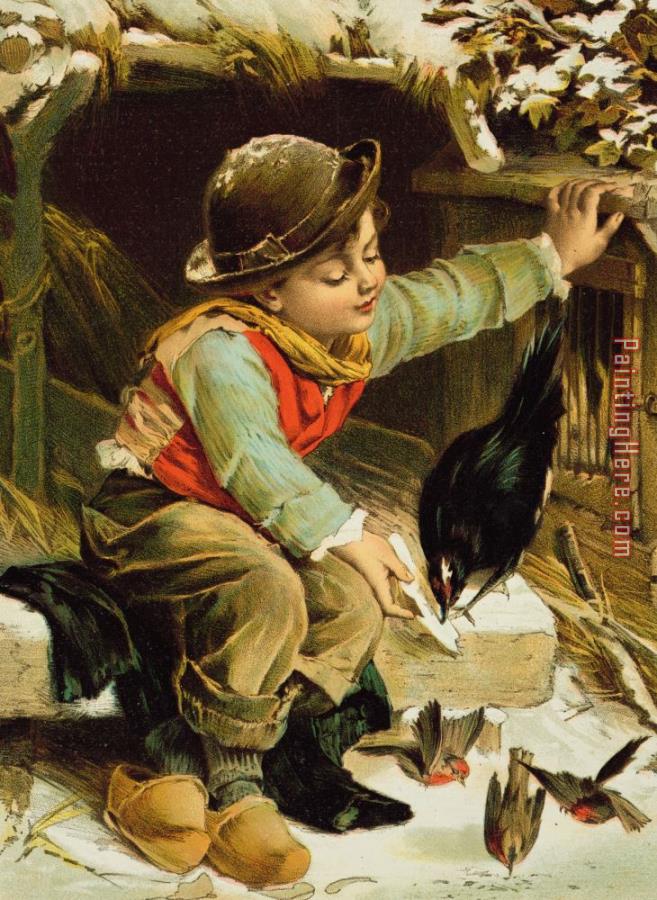 English School Young Boy With Birds In The Snow